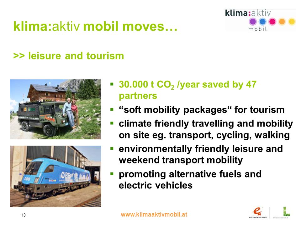 10 klima:aktiv mobil moves… >> leisure and tourism t CO 2 /year saved by 47 partners soft mobility packages for tourism climate friendly travelling and mobility on site eg.