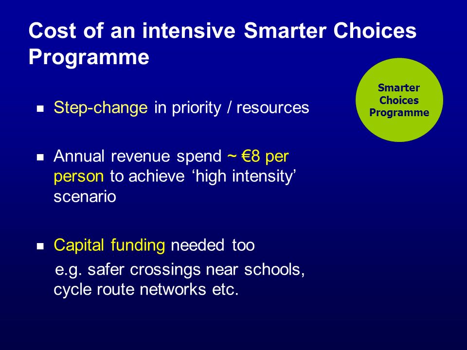 Cost of an intensive Smarter Choices Programme Step-change in priority / resources Annual revenue spend ~ 8 per person to achieve high intensity scenario Capital funding needed too e.g.