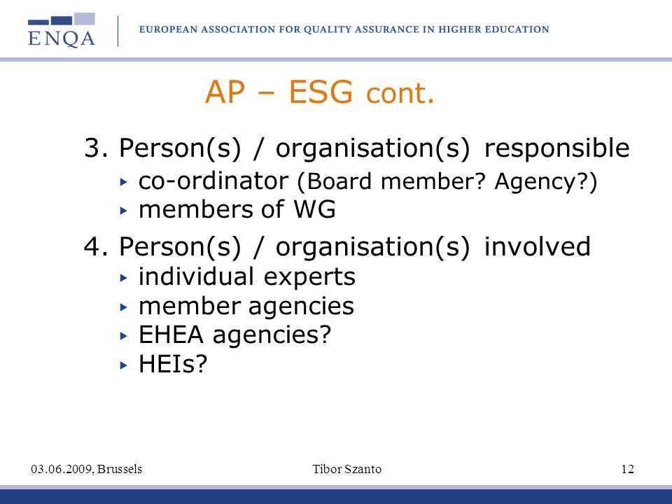 AP – ESG cont. 3. Person(s) / organisation(s) responsible co-ordinator (Board member.