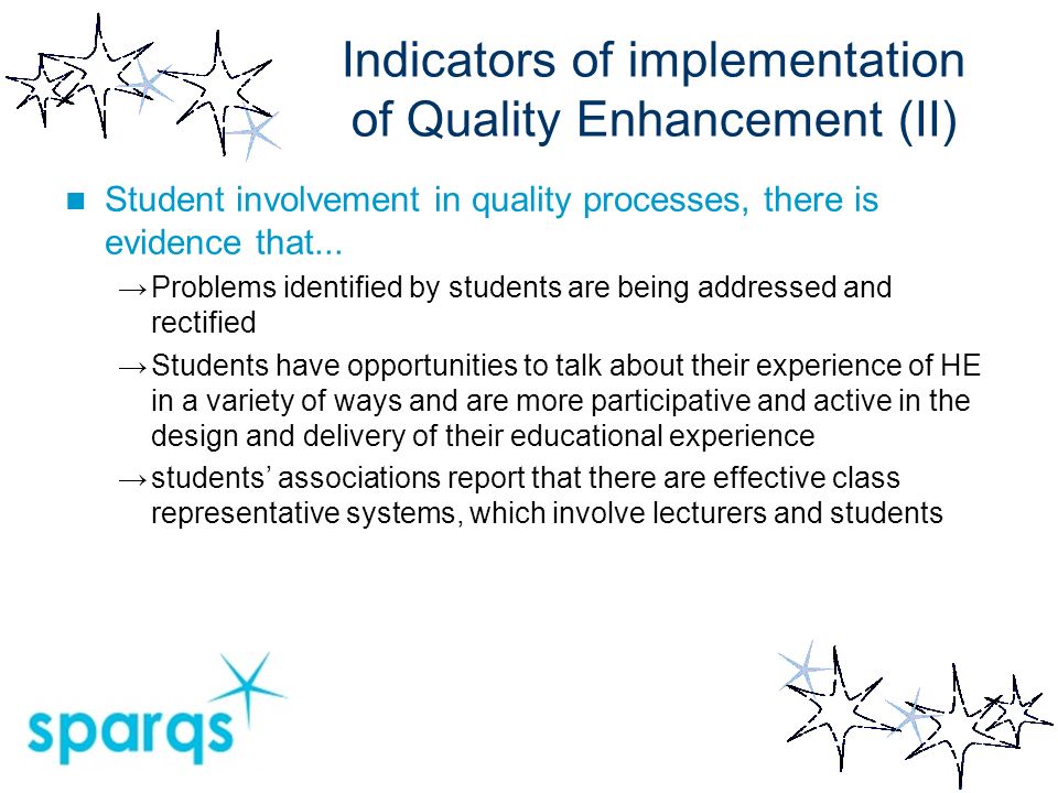 Indicators of implementation of Quality Enhancement (II) Student involvement in quality processes, there is evidence that...