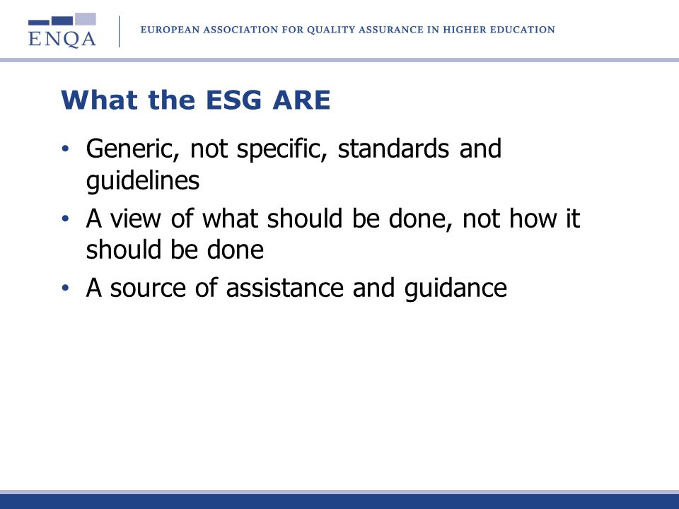 What the ESG ARE Generic, not specific, standards and guidelines A view of what should be done, not how it should be done A source of assistance and guidance