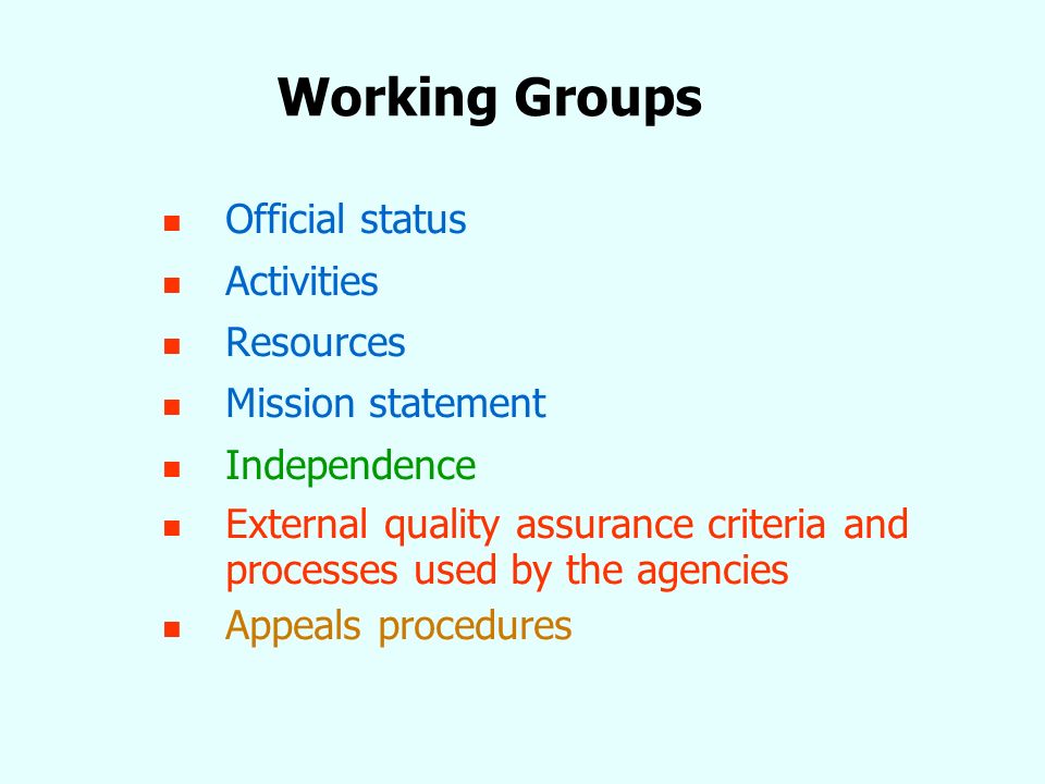 Working Groups Official status Activities Resources Mission statement Independence External quality assurance criteria and processes used by the agencies Appeals procedures