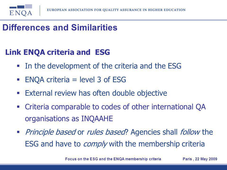 Differences and Similarities Link ENQA criteria and ESG In the development of the criteria and the ESG ENQA criteria = level 3 of ESG External review has often double objective Criteria comparable to codes of other international QA organisations as INQAAHE Principle based or rules based.