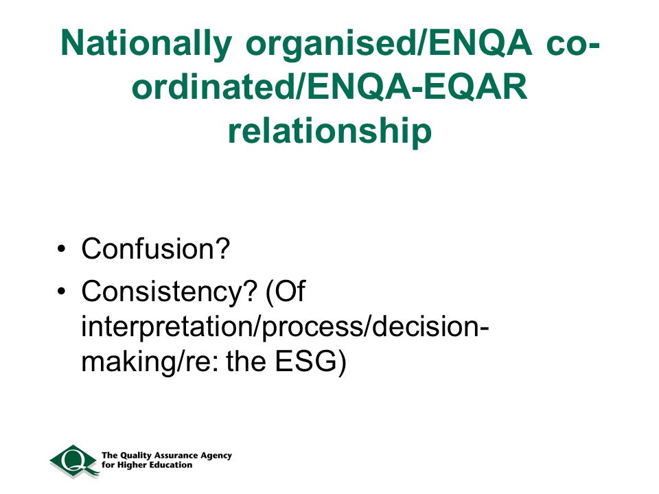 Nationally organised/ENQA co- ordinated/ENQA-EQAR relationship Confusion.