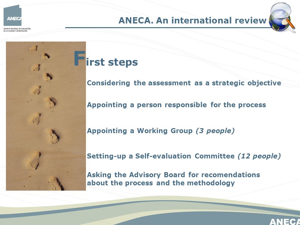 Appointing a person responsible for the process Appointing a Working Group (3 people) Setting-up a Self-evaluation Committee (12 people) ANECA.
