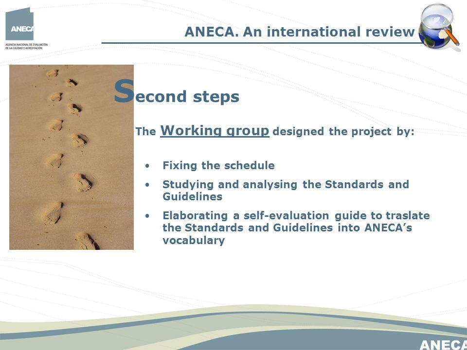 The Working group designed the project by: Fixing the schedule Studying and analysing the Standards and Guidelines Elaborating a self-evaluation guide to traslate the Standards and Guidelines into ANECAs vocabulary ANECA.