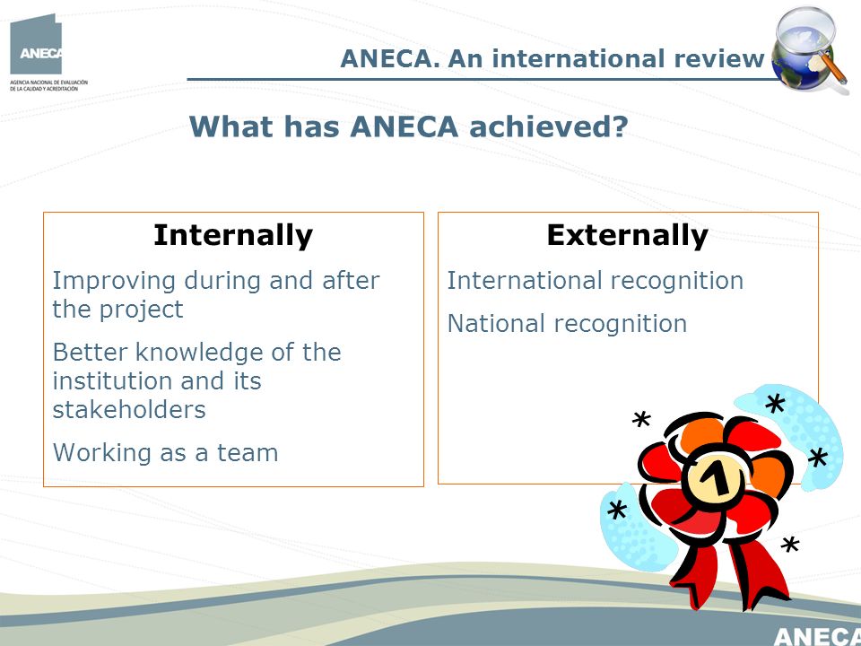 Internally Improving during and after the project Better knowledge of the institution and its stakeholders Working as a team Externally International recognition National recognition ANECA.