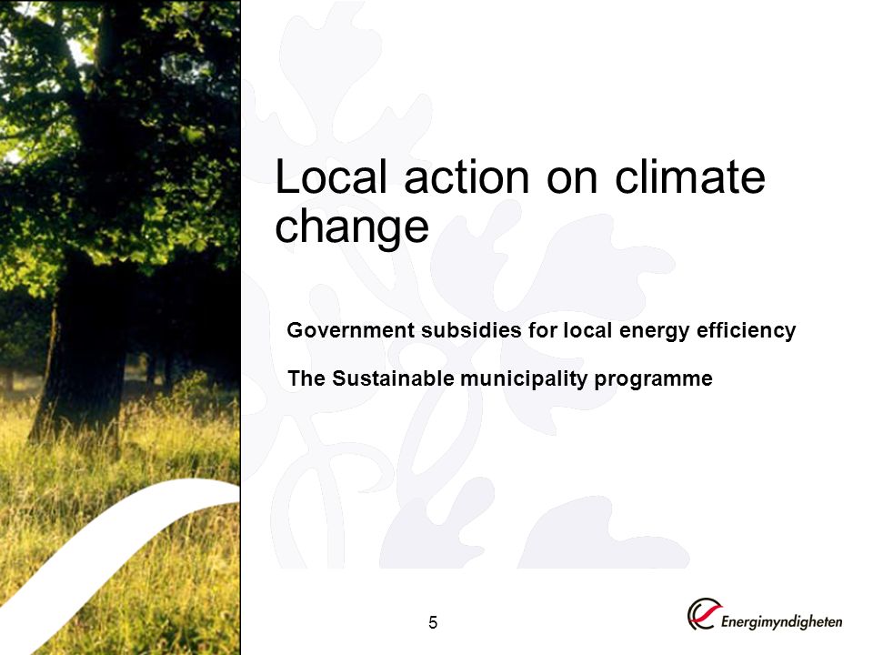 5 Local action on climate change Government subsidies for local energy efficiency The Sustainable municipality programme