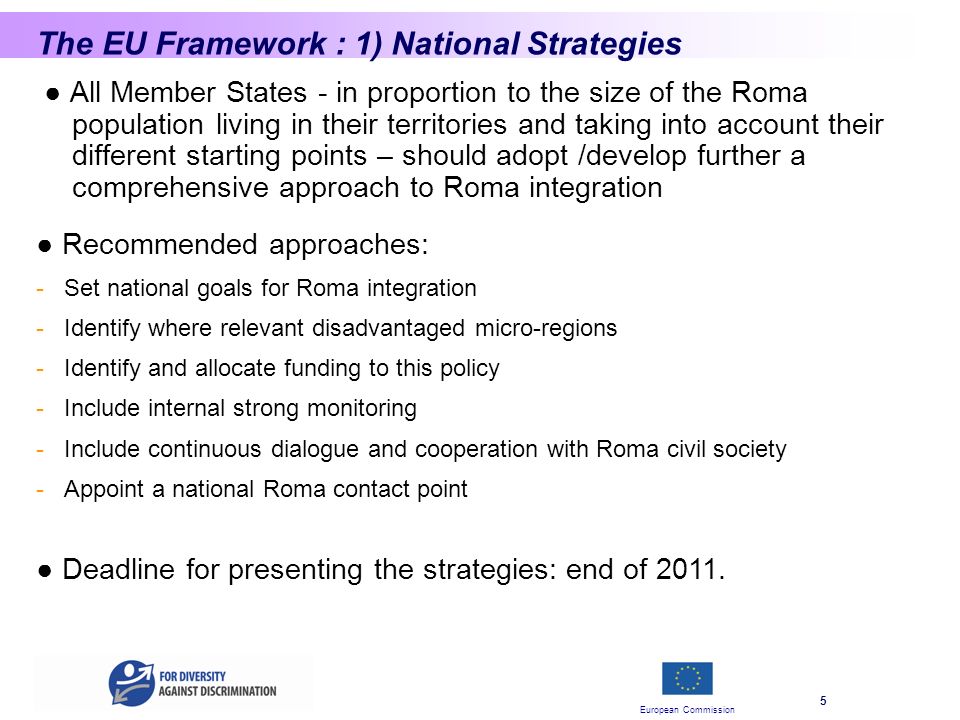 European Commission 5 The EU Framework : 1) National Strategies All Member States - in proportion to the size of the Roma population living in their territories and taking into account their different starting points – should adopt /develop further a comprehensive approach to Roma integration Deadline for presenting the strategies: end of 2011.