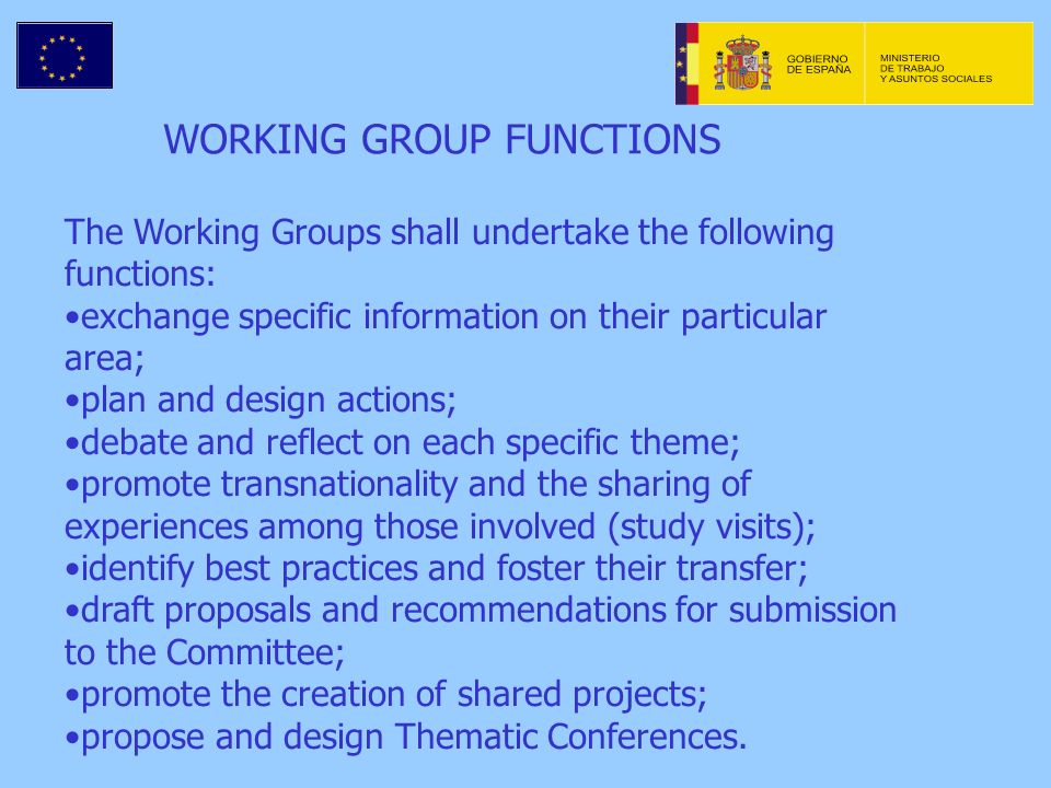 WORKING GROUP FUNCTIONS The Working Groups shall undertake the following functions: exchange specific information on their particular area; plan and design actions; debate and reflect on each specific theme; promote transnationality and the sharing of experiences among those involved (study visits); identify best practices and foster their transfer; draft proposals and recommendations for submission to the Committee; promote the creation of shared projects; propose and design Thematic Conferences.
