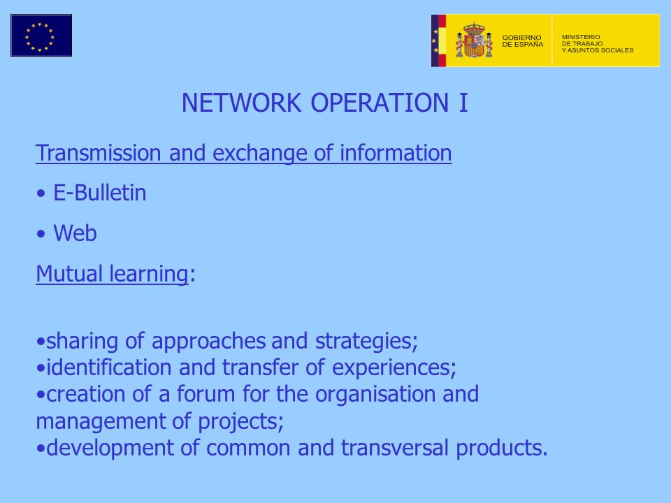 NETWORK OPERATION I Transmission and exchange of information E-Bulletin Web Mutual learning: sharing of approaches and strategies; identification and transfer of experiences; creation of a forum for the organisation and management of projects; development of common and transversal products.