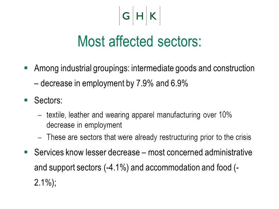 Most affected sectors: Among industrial groupings: intermediate goods and construction – decrease in employment by 7.9% and 6.9% Sectors: –textile, leather and wearing apparel manufacturing over 10% decrease in employment –These are sectors that were already restructuring prior to the crisis Services know lesser decrease – most concerned administrative and support sectors (-4.1%) and accommodation and food (- 2.1%);