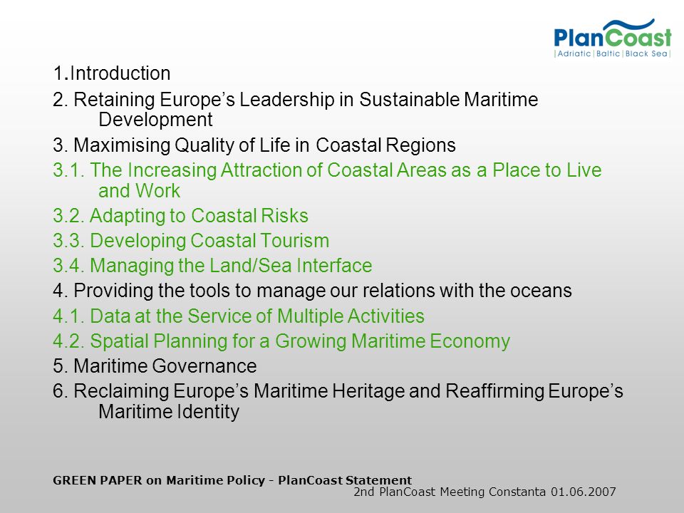 GREEN PAPER on Maritime Policy - PlanCoast Statement 2nd PlanCoast Meeting Constanta
