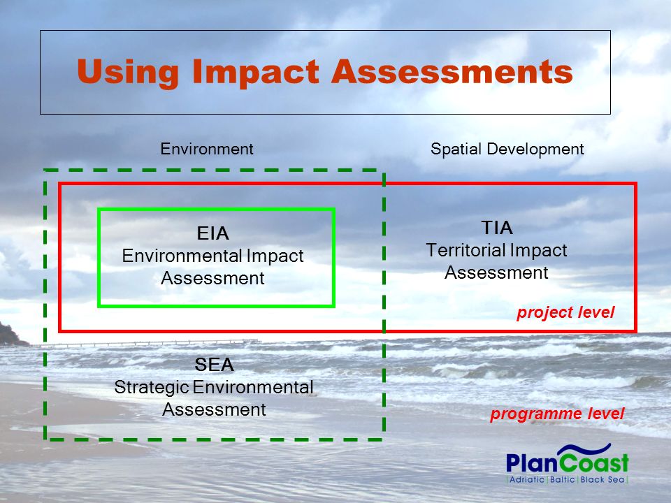 TIA Territorial Impact Assessment SEA Strategic Environmental Assessment EIA Environmental Impact Assessment EnvironmentSpatial Development project level programme level Using Impact Assessments