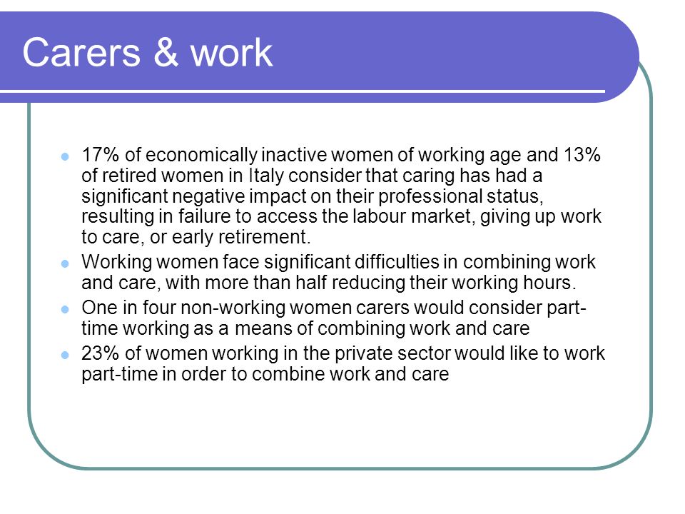 Carers & work 17% of economically inactive women of working age and 13% of retired women in Italy consider that caring has had a significant negative impact on their professional status, resulting in failure to access the labour market, giving up work to care, or early retirement.