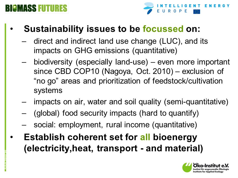 o.de Sustainability issues to be focussed on: –direct and indirect land use change (LUC), and its impacts on GHG emissions (quantitative) –biodiversity (especially land-use) – even more important since CBD COP10 (Nagoya, Oct.