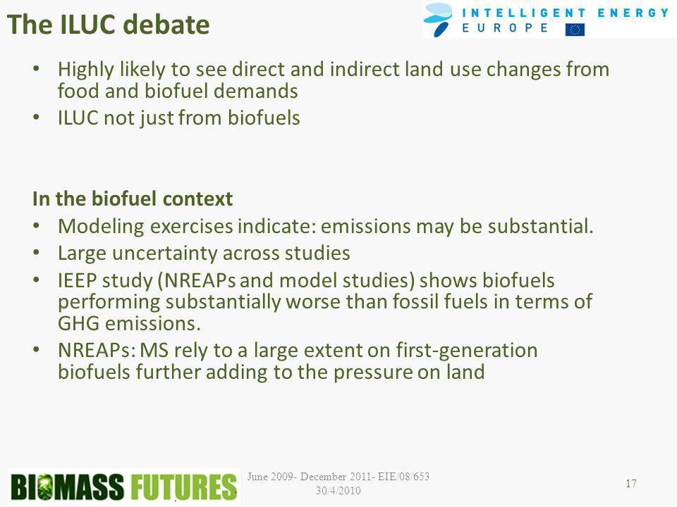 June December EIE/08/653 30/4/2010 The ILUC debate Highly likely to see direct and indirect land use changes from food and biofuel demands ILUC not just from biofuels In the biofuel context Modeling exercises indicate: emissions may be substantial.