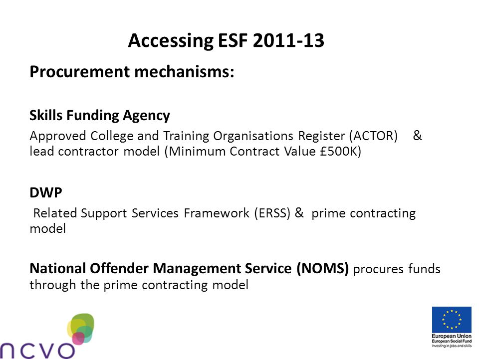 Accessing ESF Procurement mechanisms: Skills Funding Agency Approved College and Training Organisations Register (ACTOR) & lead contractor model (Minimum Contract Value £500K) DWP Related Support Services Framework (ERSS) & prime contracting model National Offender Management Service (NOMS) procures funds through the prime contracting model