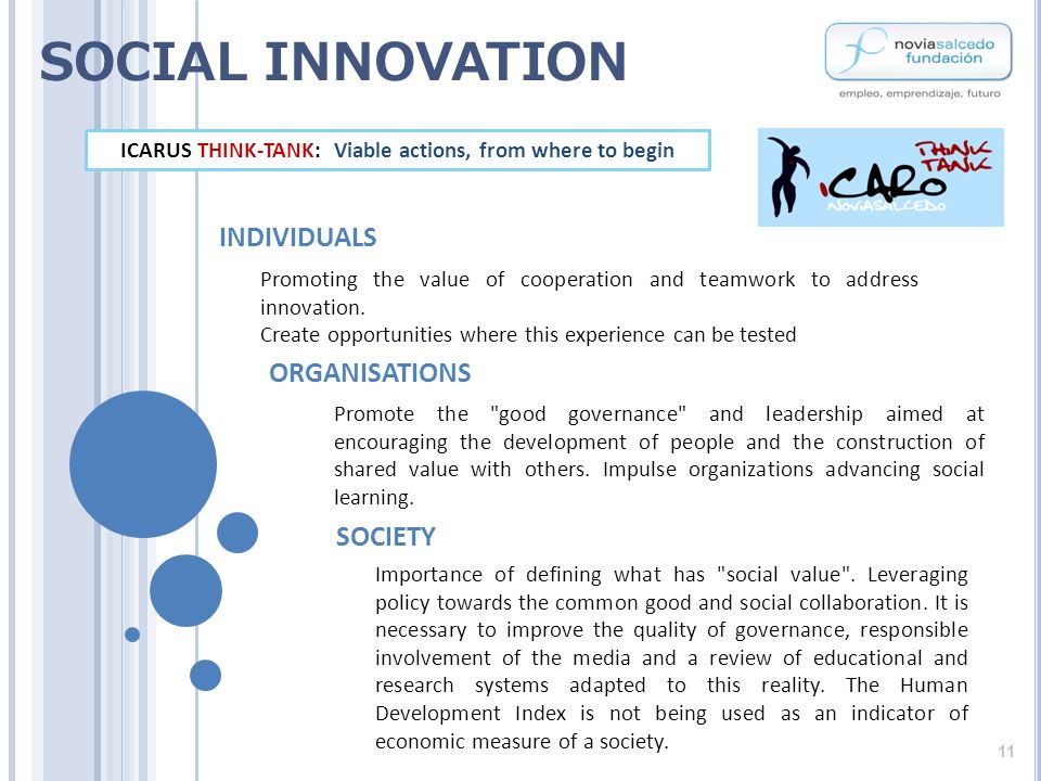 SOCIAL INNOVATION ICARUS THINK-TANK: Viable actions, from where to begin INDIVIDUALS Promoting the value of cooperation and teamwork to address innovation.