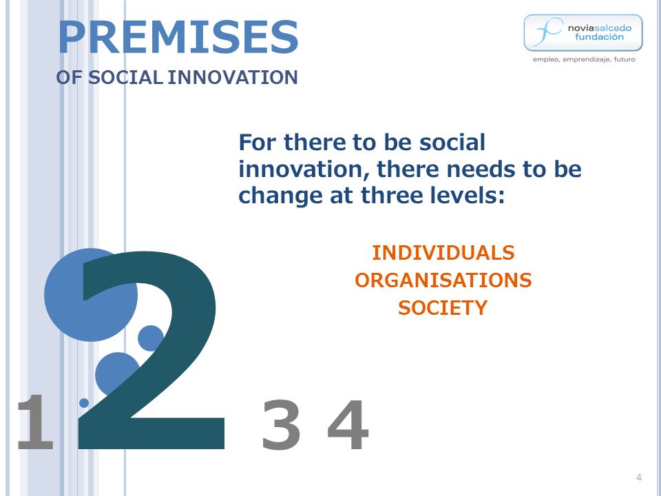 For there to be social innovation, there needs to be change at three levels: INDIVIDUALS ORGANISATIONS SOCIETY PREMISES OF SOCIAL INNOVATION 4