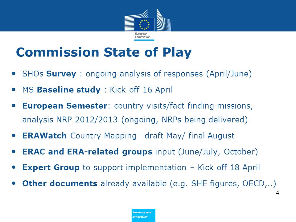Research and Innovation Research and Innovation Commission State of Play SHOs Survey : ongoing analysis of responses (April/June) MS Baseline study : Kick-off 16 April European Semester: country visits/fact finding missions, analysis NRP 2012/2013 (ongoing, NRPs being delivered) ERAWatch Country Mapping– draft May/ final August ERAC and ERA-related groups input (June/July, October) Expert Group to support implementation – Kick off 18 April Other documents already available (e.g.