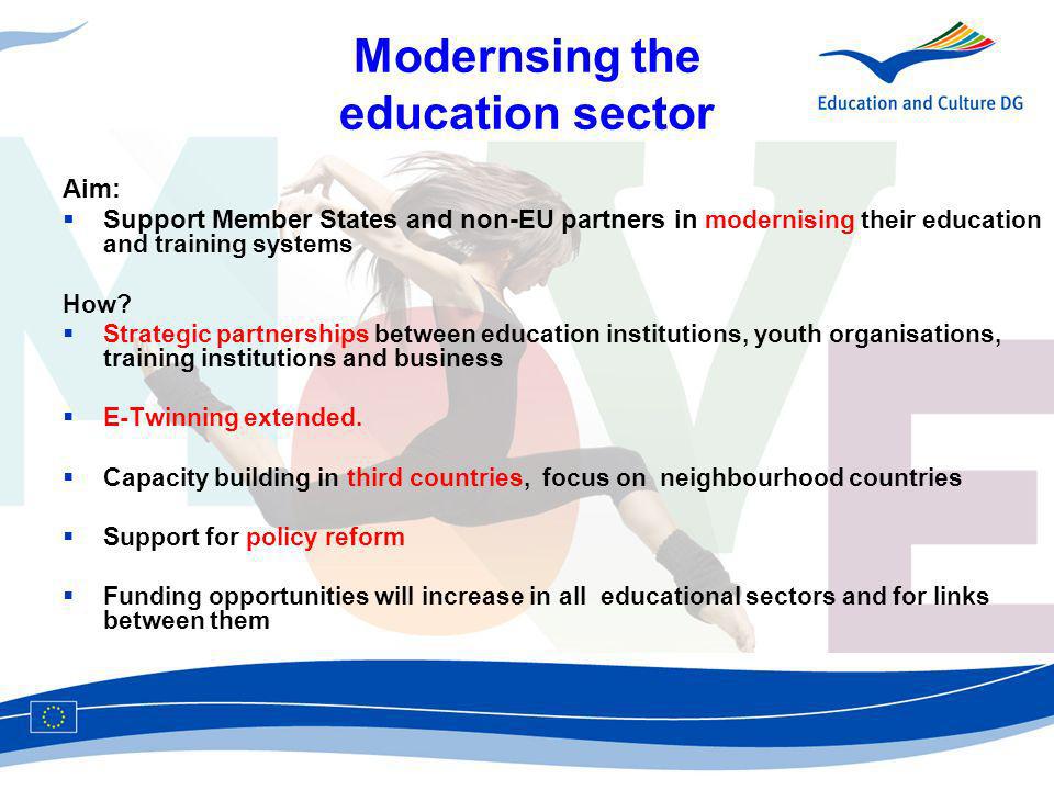 Modernsing the education sector Aim: Support Member States and non-EU partners in modernising their education and training systems How.