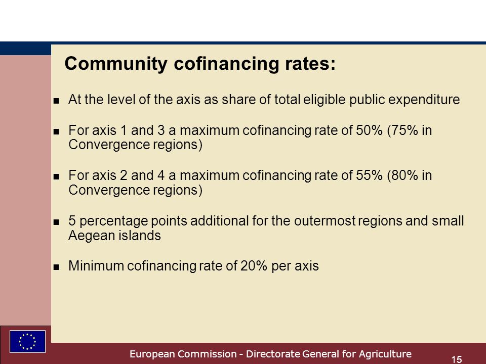 European Commission - Directorate General for Agriculture 15 Community cofinancing rates: n At the level of the axis as share of total eligible public expenditure n For axis 1 and 3 a maximum cofinancing rate of 50% (75% in Convergence regions) n For axis 2 and 4 a maximum cofinancing rate of 55% (80% in Convergence regions) n 5 percentage points additional for the outermost regions and small Aegean islands n Minimum cofinancing rate of 20% per axis