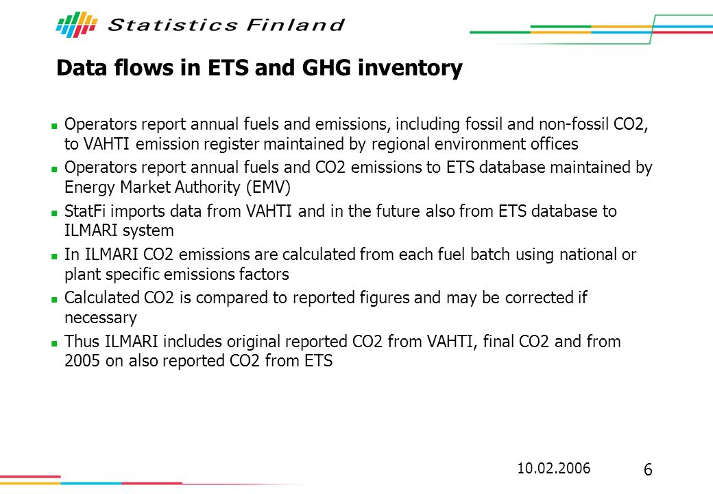 Data flows in ETS and GHG inventory Operators report annual fuels and emissions, including fossil and non-fossil CO2, to VAHTI emission register maintained by regional environment offices Operators report annual fuels and CO2 emissions to ETS database maintained by Energy Market Authority (EMV) StatFi imports data from VAHTI and in the future also from ETS database to ILMARI system In ILMARI CO2 emissions are calculated from each fuel batch using national or plant specific emissions factors Calculated CO2 is compared to reported figures and may be corrected if necessary Thus ILMARI includes original reported CO2 from VAHTI, final CO2 and from 2005 on also reported CO2 from ETS