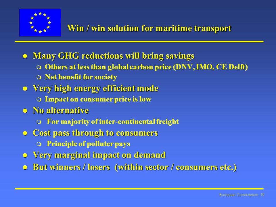European Commission: 19 Win / win solution for maritime transport l Many GHG reductions will bring savings m Others at less than global carbon price (DNV, IMO, CE Delft) m Net benefit for society l Very high energy efficient mode m Impact on consumer price is low l No alternative m For majority of inter-continental freight l Cost pass through to consumers m Principle of polluter pays l Very marginal impact on demand l But winners / losers (within sector / consumers etc.)