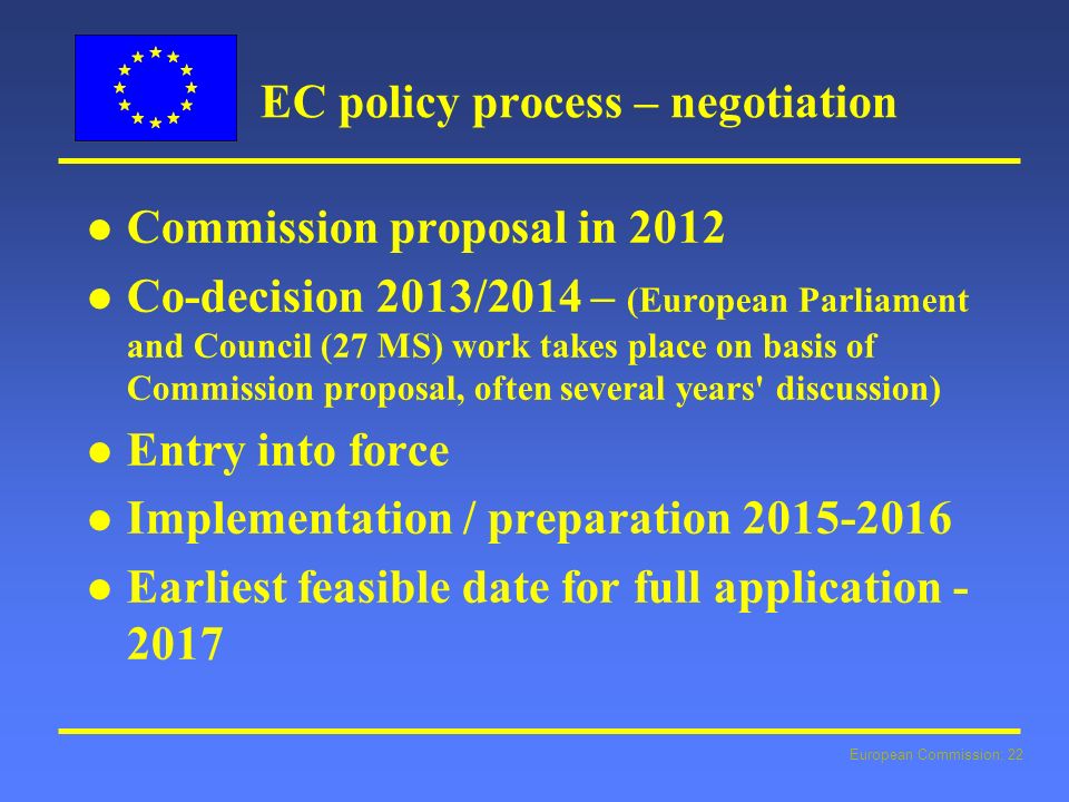 European Commission: 22 EC policy process – negotiation l l Commission proposal in 2012 l l Co-decision 2013/2014 – (European Parliament and Council (27 MS) work takes place on basis of Commission proposal, often several years discussion) l l Entry into force l l Implementation / preparation l l Earliest feasible date for full application
