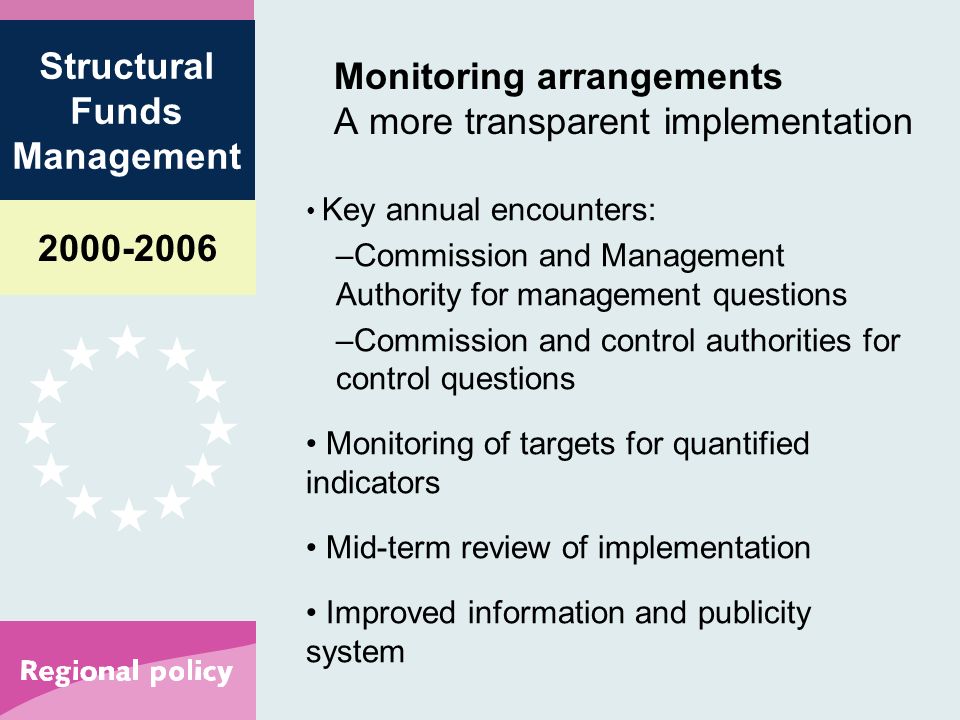 Structural Funds Management Monitoring arrangements A more transparent implementation Key annual encounters: –Commission and Management Authority for management questions –Commission and control authorities for control questions Monitoring of targets for quantified indicators Mid-term review of implementation Improved information and publicity system
