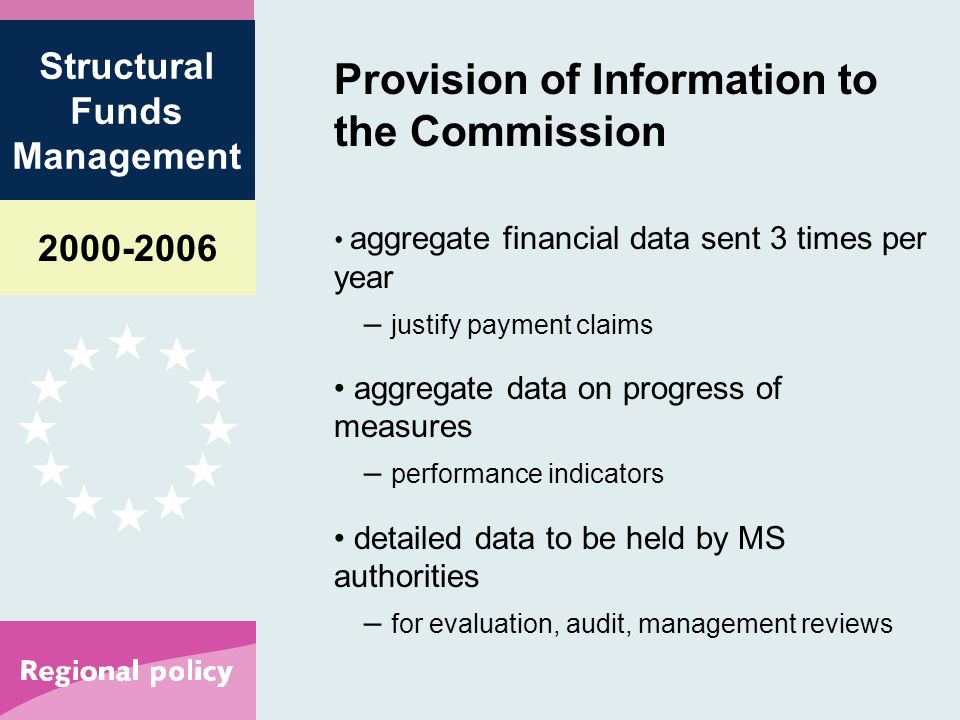 Structural Funds Management Provision of Information to the Commission aggregate financial data sent 3 times per year – justify payment claims aggregate data on progress of measures – performance indicators detailed data to be held by MS authorities – for evaluation, audit, management reviews