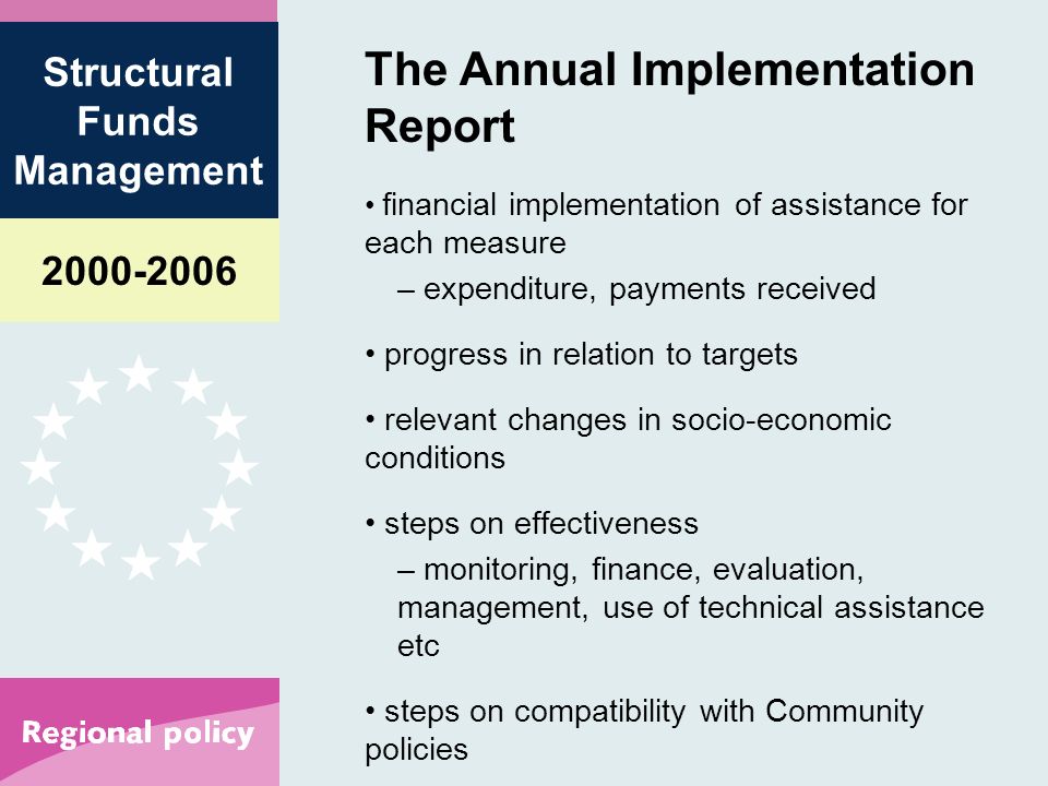 Structural Funds Management The Annual Implementation Report financial implementation of assistance for each measure – expenditure, payments received progress in relation to targets relevant changes in socio-economic conditions steps on effectiveness – monitoring, finance, evaluation, management, use of technical assistance etc steps on compatibility with Community policies