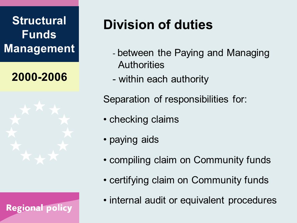 Structural Funds Management Division of duties - between the Paying and Managing Authorities - within each authority Separation of responsibilities for: checking claims paying aids compiling claim on Community funds certifying claim on Community funds internal audit or equivalent procedures