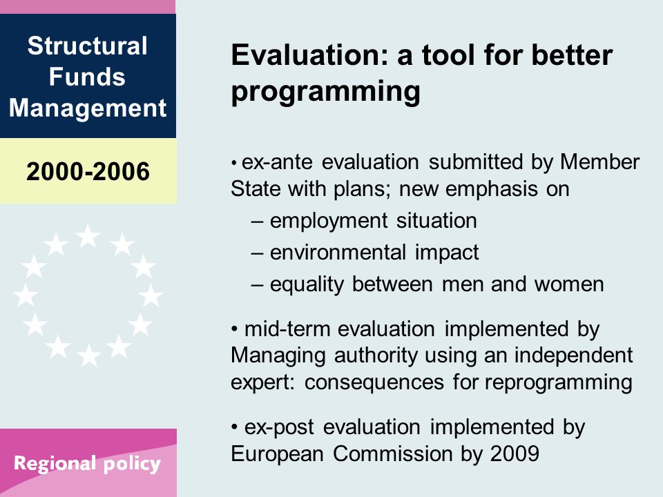 Structural Funds Management Evaluation: a tool for better programming ex-ante evaluation submitted by Member State with plans; new emphasis on – employment situation – environmental impact – equality between men and women mid-term evaluation implemented by Managing authority using an independent expert: consequences for reprogramming ex-post evaluation implemented by European Commission by 2009