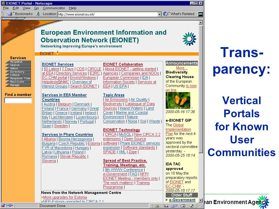 European Environment Agency Trans- parency: Vertical Portals for Known User Communities