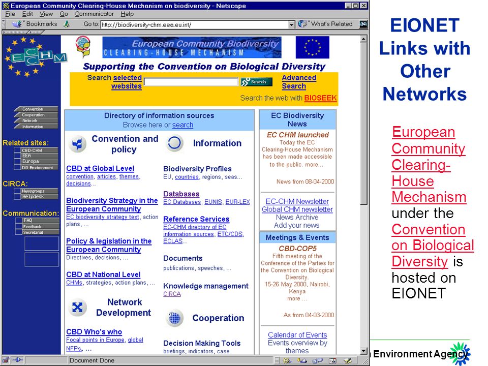 European Environment Agency EIONET Links with Other Networks European Community Clearing- House Mechanism under the Convention on Biological Diversity is hosted on EIONET European Community Clearing- House Mechanism Convention on Biological Diversity