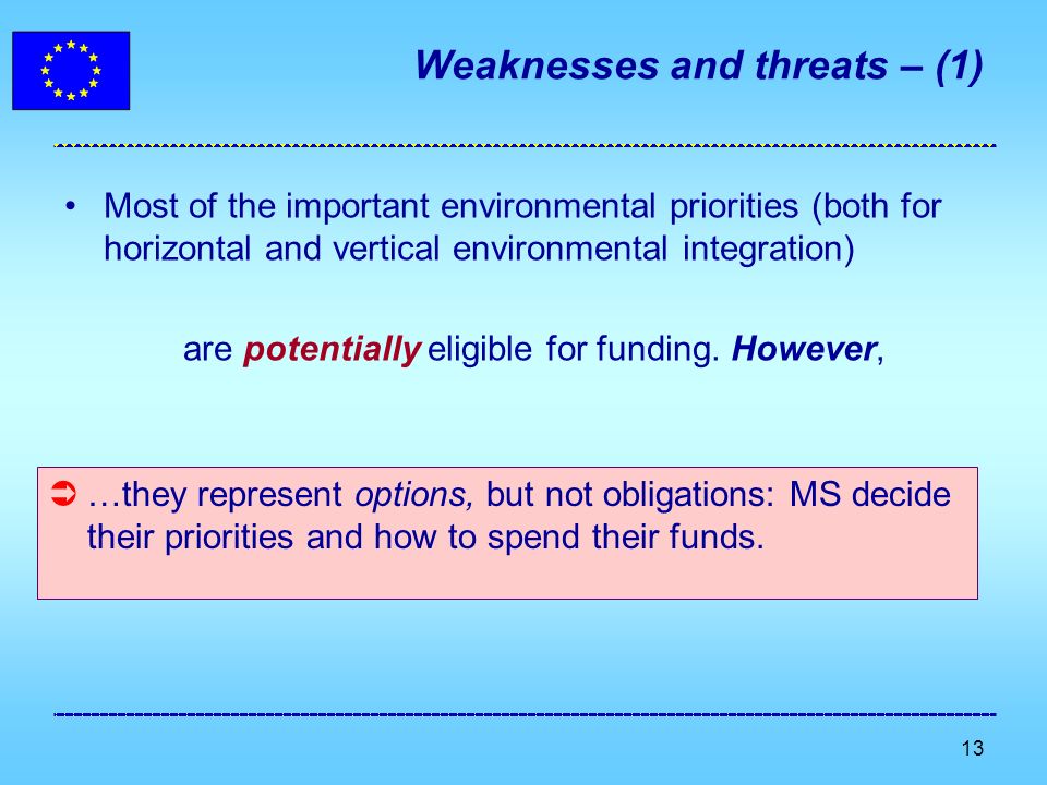 13 Weaknesses and threats – (1) Most of the important environmental priorities (both for horizontal and vertical environmental integration) are potentially eligible for funding.