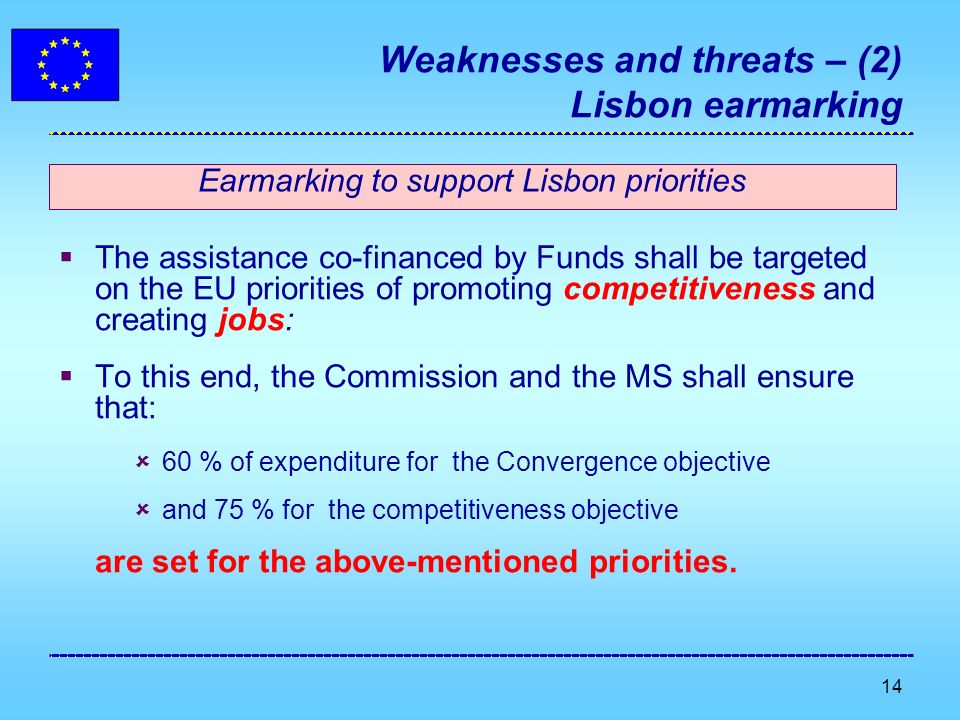 14 Weaknesses and threats – (2) Lisbon earmarking Earmarking to support Lisbon priorities The assistance co-financed by Funds shall be targeted on the EU priorities of promoting competitiveness and creating jobs: To this end, the Commission and the MS shall ensure that: 60 % of expenditure for the Convergence objective and 75 % for the competitiveness objective are set for the above-mentioned priorities.