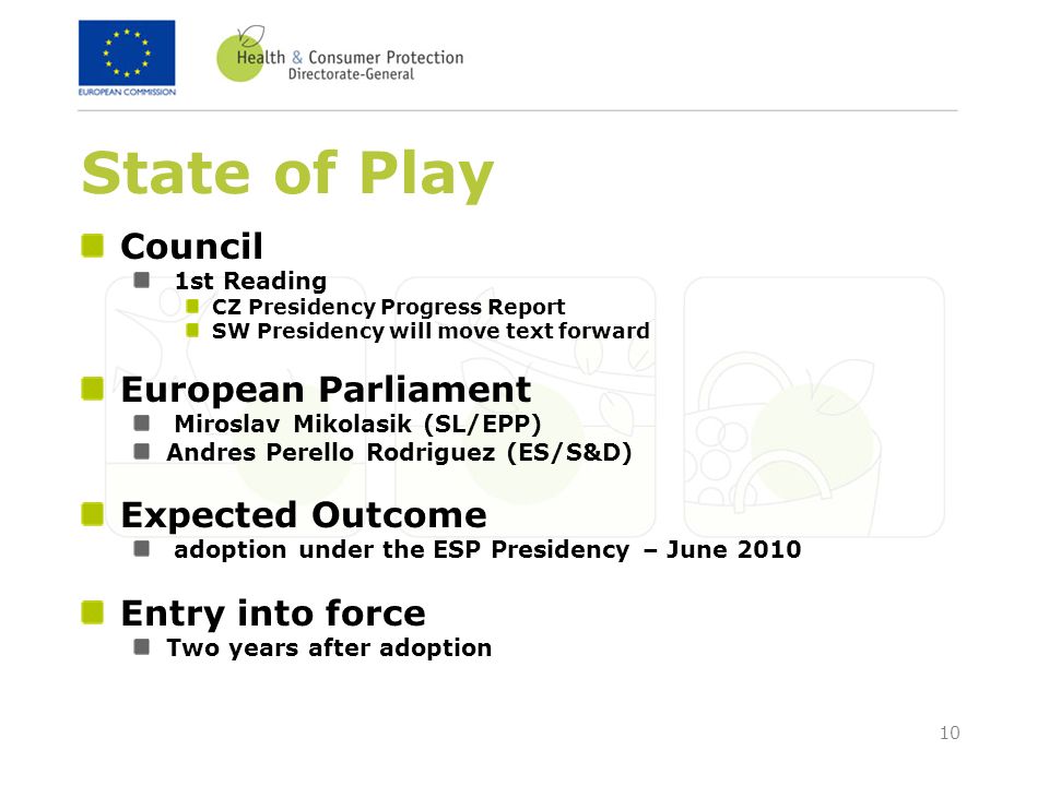 10 State of Play Council 1st Reading CZ Presidency Progress Report SW Presidency will move text forward European Parliament Miroslav Mikolasik (SL/EPP) Andres Perello Rodriguez (ES/S&D) Expected Outcome adoption under the ESP Presidency – June 2010 Entry into force Two years after adoption