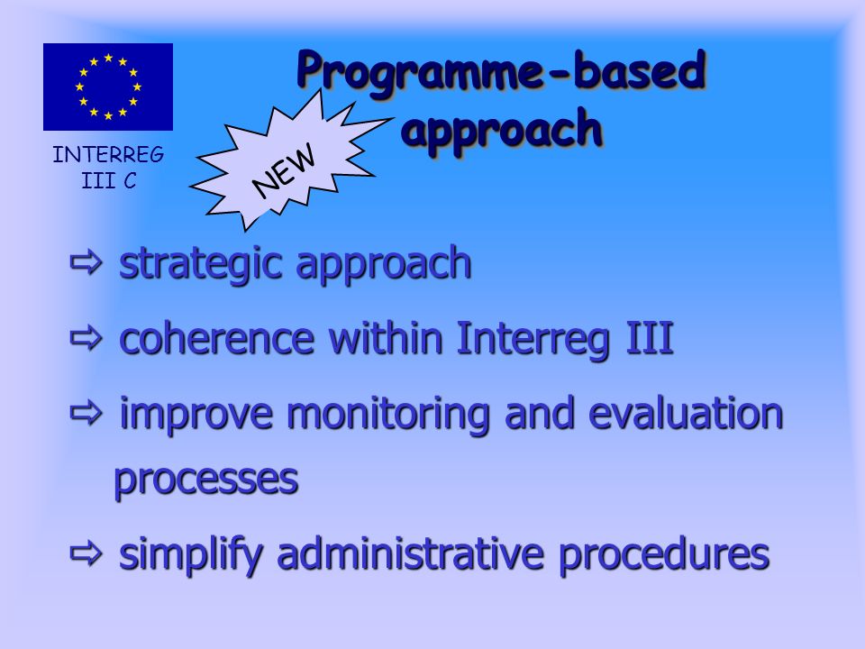 INTERREG III C Programme-based approach strategic approach strategic approach coherence within Interreg III coherence within Interreg III improve monitoring and evaluation processes improve monitoring and evaluation processes simplify administrative procedures simplify administrative procedures NEW