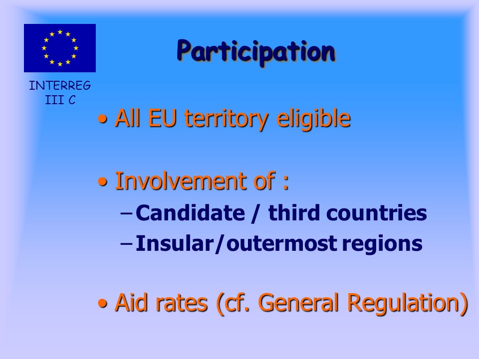 INTERREG III C ParticipationParticipation All EU territory eligibleAll EU territory eligible Involvement of :Involvement of : –Candidate / third countries –Insular/outermost regions Aid rates (cf.