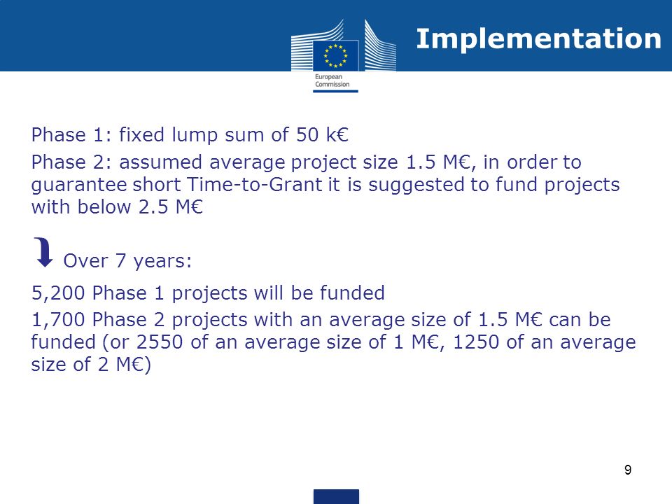 Phase 1: fixed lump sum of 50 k Phase 2: assumed average project size 1.5 M, in order to guarantee short Time-to-Grant it is suggested to fund projects with below 2.5 M Over 7 years: 5,200 Phase 1 projects will be funded 1,700 Phase 2 projects with an average size of 1.5 M can be funded (or 2550 of an average size of 1 M, 1250 of an average size of 2 M) 9 Implementation