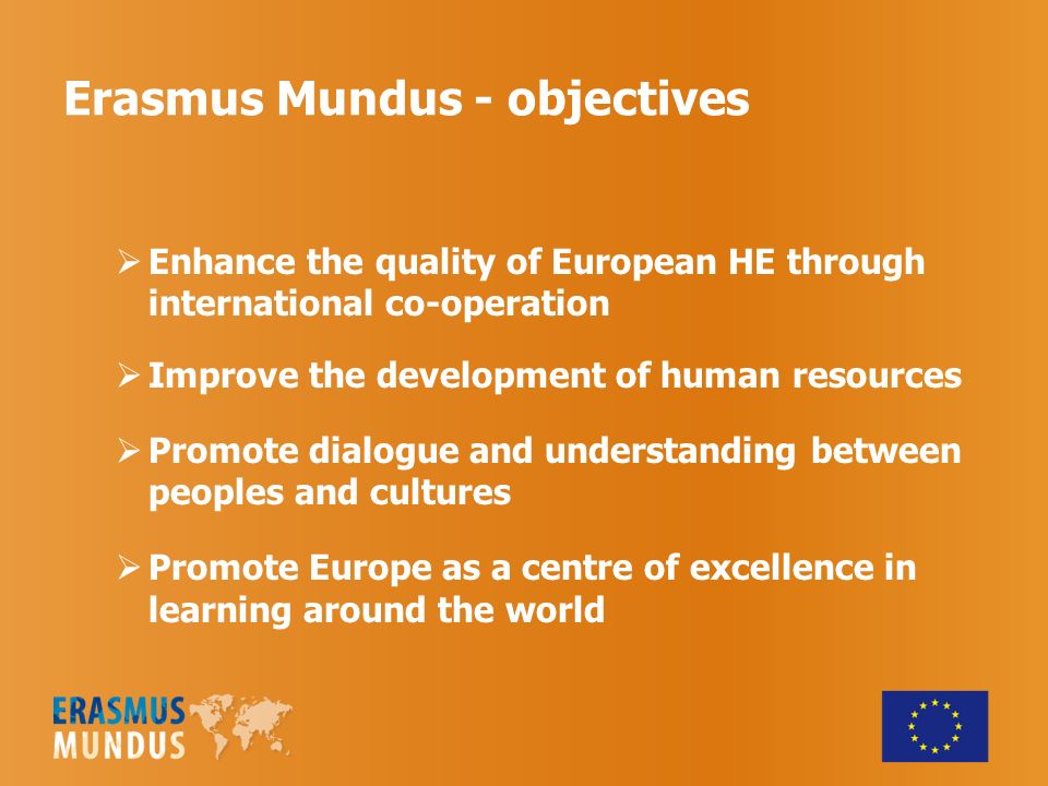 Erasmus Mundus - objectives Enhance the quality of European HE through international co-operation Improve the development of human resources Promote dialogue and understanding between peoples and cultures Promote Europe as a centre of excellence in learning around the world