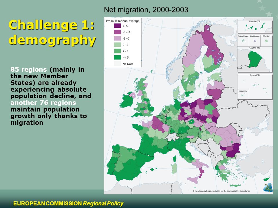 6 EUROPEAN COMMISSION Regional Policy Challenge 1: demography 85 regions (mainly in the new Member States) are already experiencing absolute population decline, and another 76 regions maintain population growth only thanks to migration