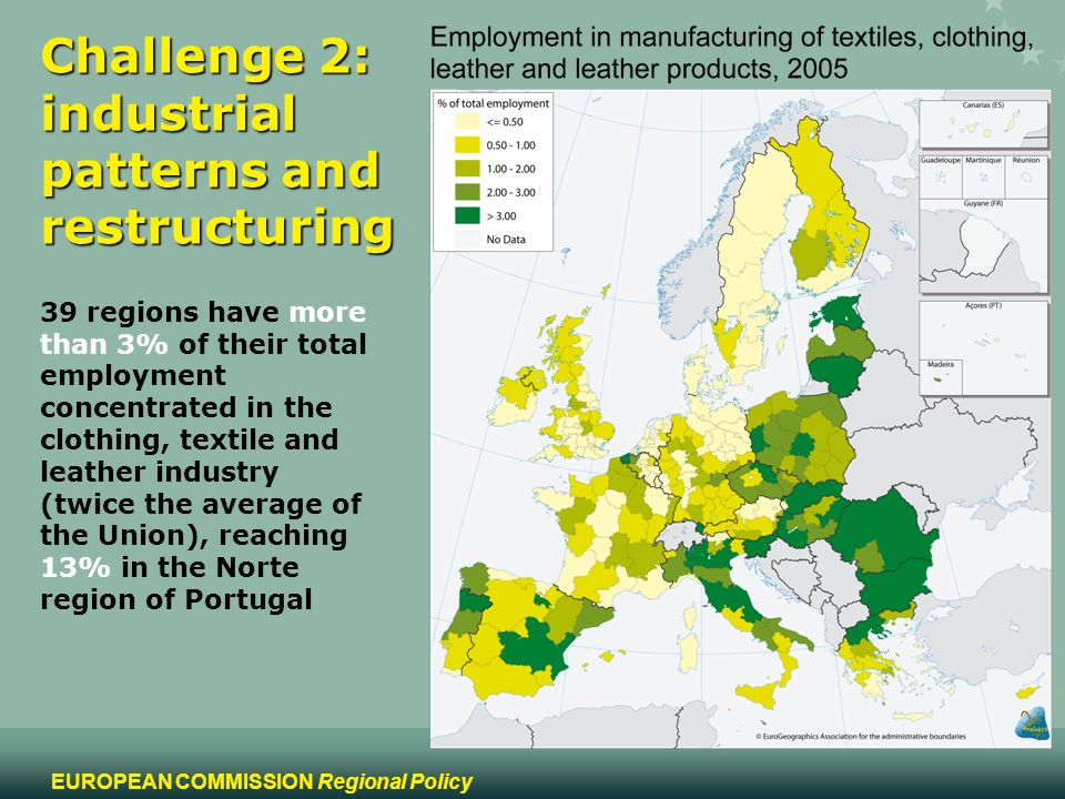 8 EUROPEAN COMMISSION Regional Policy Challenge 2: industrial patterns and restructuring 39 regions have more than 3% of their total employment concentrated in the clothing, textile and leather industry (twice the average of the Union), reaching 13% in the Norte region of Portugal