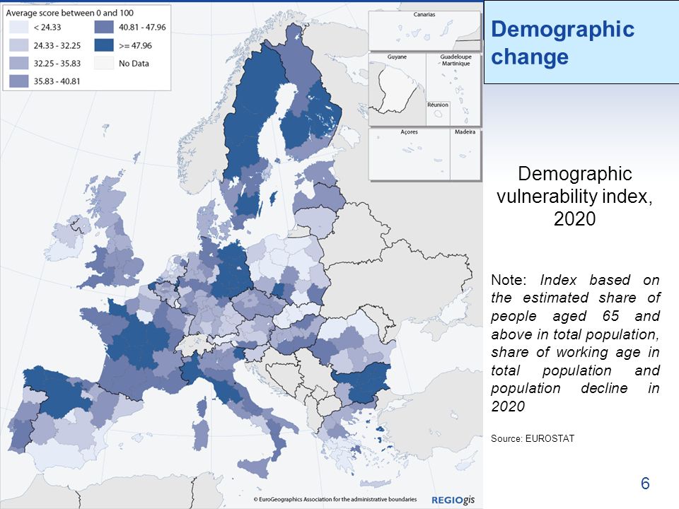 6 Demographic change Note: Index based on the estimated share of people aged 65 and above in total population, share of working age in total population and population decline in 2020 Source: EUROSTAT Demographic vulnerability index, 2020