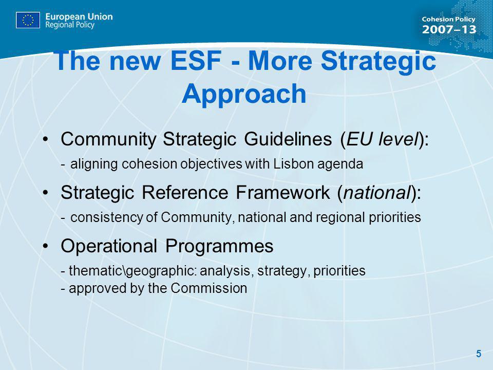 5 The new ESF - More Strategic Approach Community Strategic Guidelines (EU level): - aligning cohesion objectives with Lisbon agenda Strategic Reference Framework (national): - consistency of Community, national and regional priorities Operational Programmes - thematic\geographic: analysis, strategy, priorities - approved by the Commission