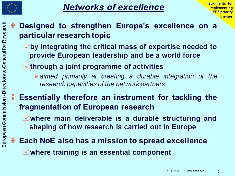 European Commission - Directorate-General for Research Instr.short.doc 5 Instruments for implementing FP6 priority themes Networks of excellence UDesigned to strengthen Europes excellence on a particular research topic +by integrating the critical mass of expertise needed to provide European leadership and be a world force +through a joint programme of activities aimed primarily at creating a durable integration of the research capacities of the network partners UEssentially therefore an instrument for tackling the fragmentation of European research +where main deliverable is a durable structuring and shaping of how research is carried out in Europe UEach NoE also has a mission to spread excellence +where training is an essential component