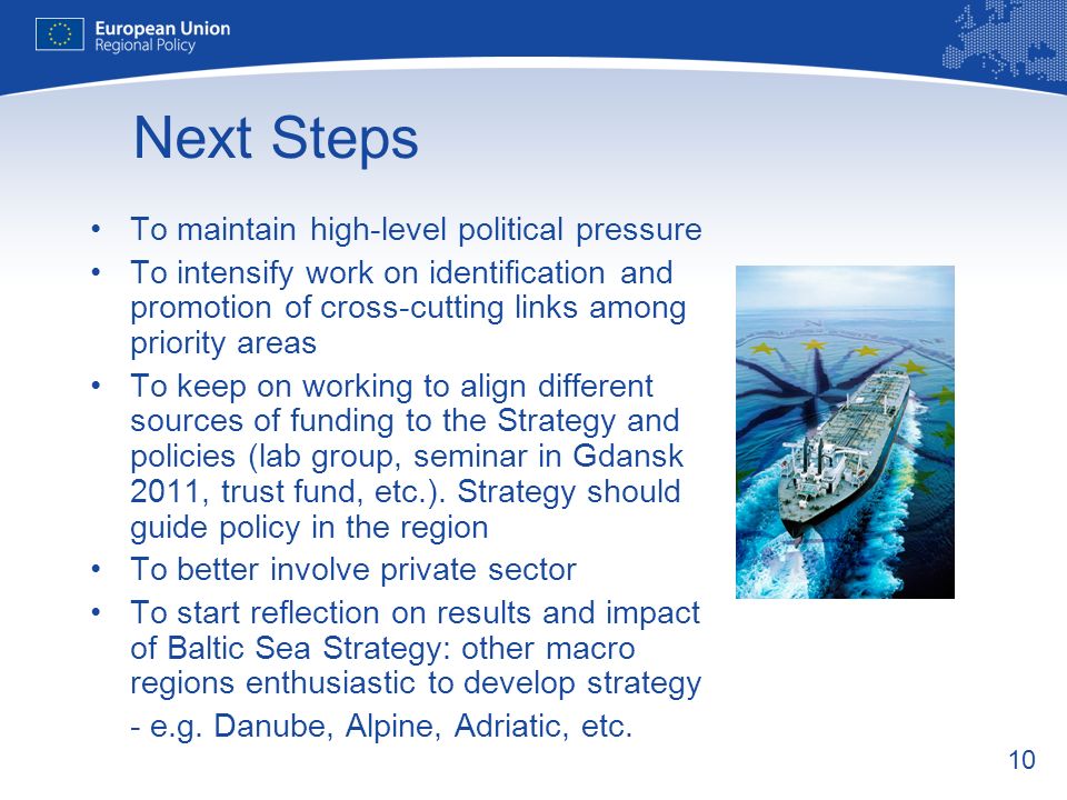 10 Next Steps To maintain high-level political pressure To intensify work on identification and promotion of cross-cutting links among priority areas To keep on working to align different sources of funding to the Strategy and policies (lab group, seminar in Gdansk 2011, trust fund, etc.).